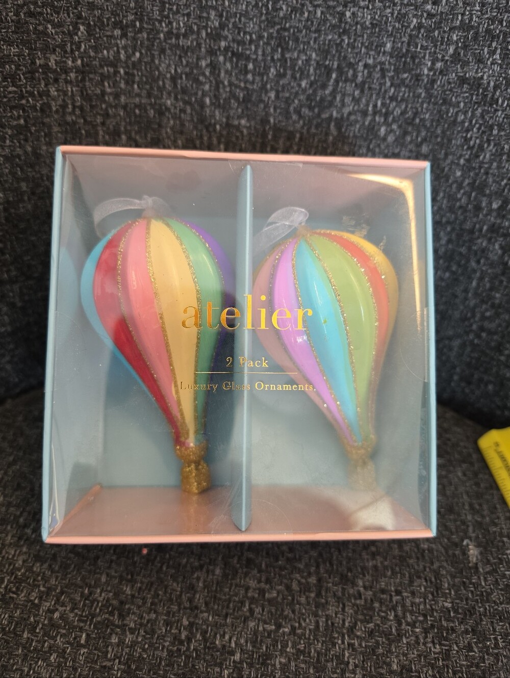NIB Atelier Rainbow Hot Air Balloons 2 Luxury Glass Christmas Tree Ornaments